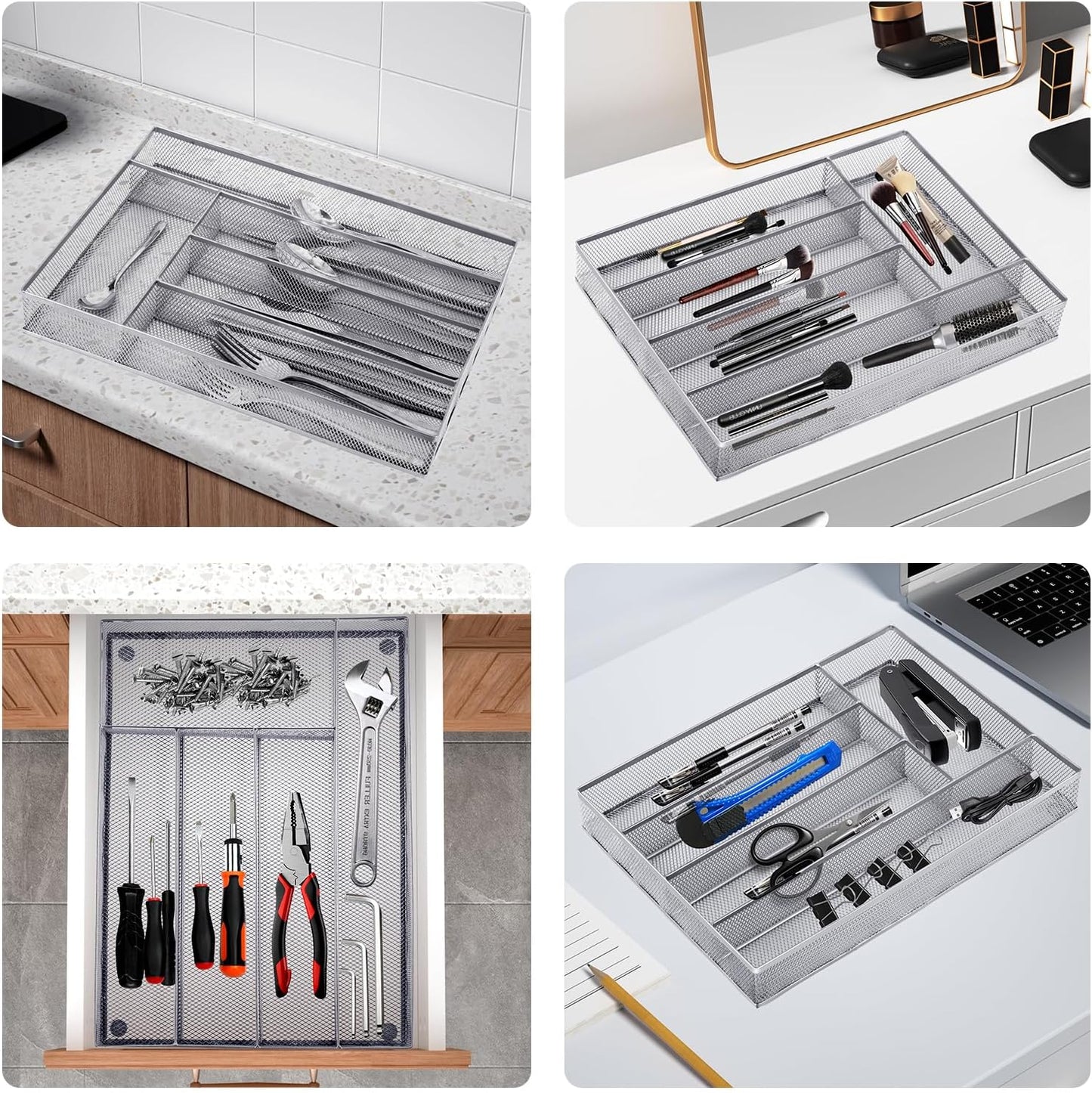 Neudeco Drawer Organizer Set 6 Pack - 5-Compartment Silverware Organizer Tray + 5 Utensil Trays, Kitchen Drawer Organizer for Flatware, Cutlery, Office Supplies, Black Mesh, Non-Slip.