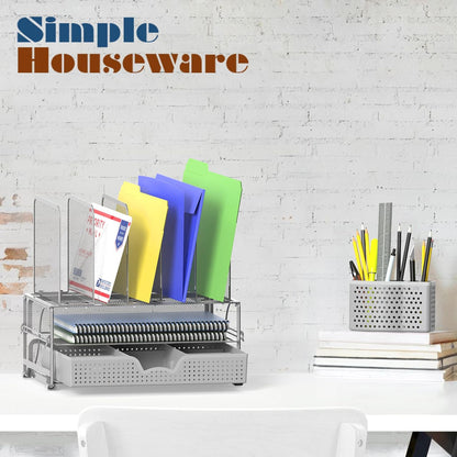 Simple Houseware Mesh Desk Organizer with Sliding Drawer, Double Tray and 5 Upright Sections, Black