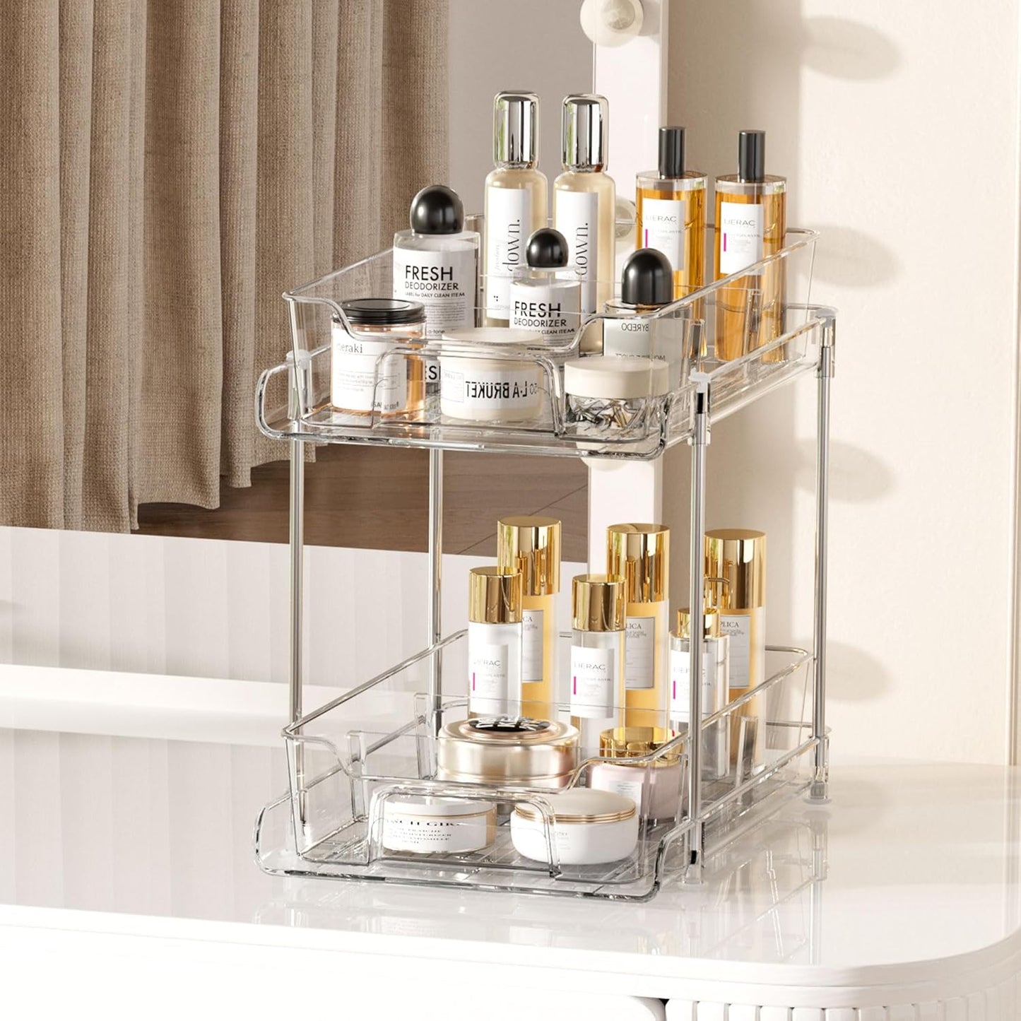 Vtopmart 4 Pack Bathroom Organizer, 2 Tier Clear Under Sink Organizers Vanity Countertop Storage Container,Cabinet Drawers Bins, Pull-Out Organization with Track for Pantry, Kitchen