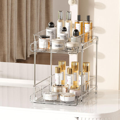 Vtopmart 4 Pack Bathroom Organizer, 2 Tier Clear Under Sink Organizers Vanity Countertop Storage Container,Cabinet Drawers Bins, Pull-Out Organization with Track for Pantry, Kitchen