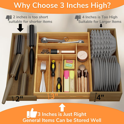BAMEOS drawer organizer flatware organizer cutlery tray silverware organizer expandable adjustable bamboo drawer organizer kitchen bathroom