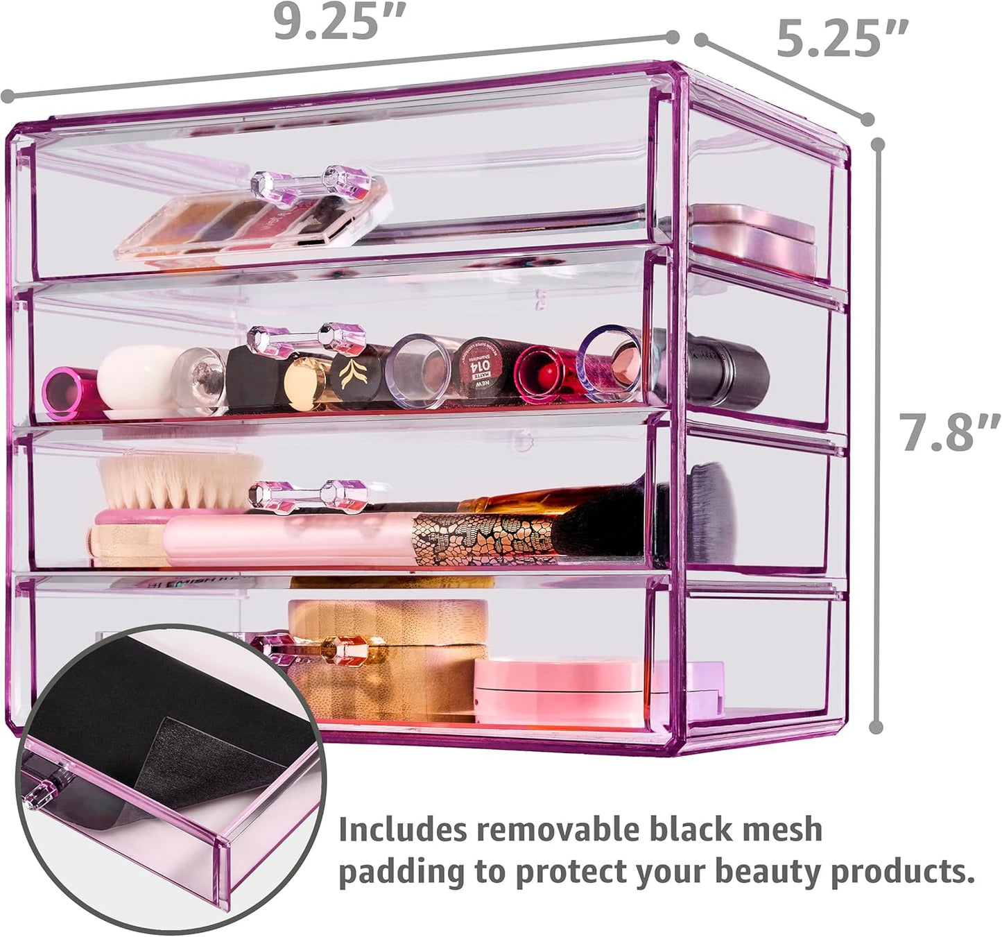 Sorbus Acrylic Makeup Organizer Set, 4-Drawer Vanity & Countertop Cosmetic Storage with Wide Drawers, Clear Makeup Storage for Brushes, Lipsticks, Jewelry – Holiday Gift for Women & Teens