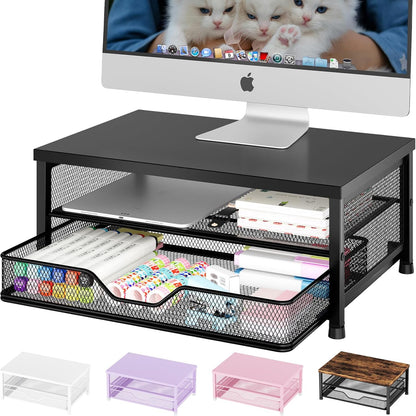 OPNICE Computer Monitor Stand Riser, Desk Organizer with Drawer, Printer & Laptop Stand, Office Desk Accessories & Workspace Desktop Organizers Storage for Office Supplies(Brown)