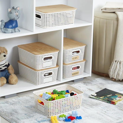 Bagnizer Small Plastic Storage Bins with Bamboo Lids 5.2qt Stackable Box Basket Pantry Decorative Containers Cute with Labels for Organizing Desktop Closet Office Cream White of 6 packs 10*7.2*4.1"