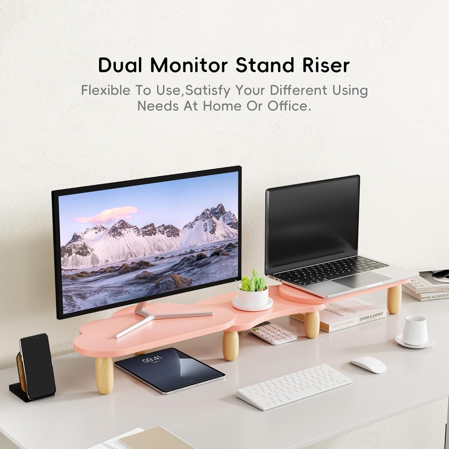 AFOOYO Monitor Stand Riser,31.5-Inch LED Light Wood Computer Monitor Stand with Adjustable Acrylic Legs,Desk Accessories Desktop Organizer Stand for, Computer,Laptop,Printer,PC TV Screen Riser,Black
