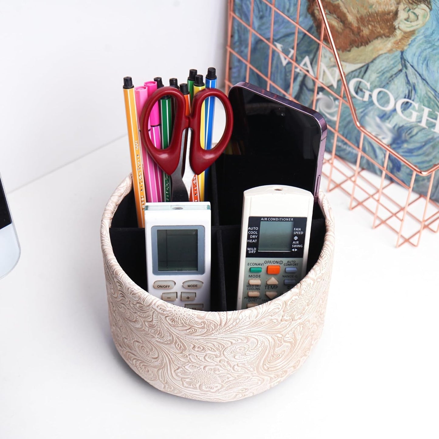 lizimandu Round Leather Art Supply Organizer,Remote Control Holder,360 Degree Spinning,Multi-Functional Pencil Holder,4 Compartments Desktop Stationary Organizer(1-Gold) - Colors A