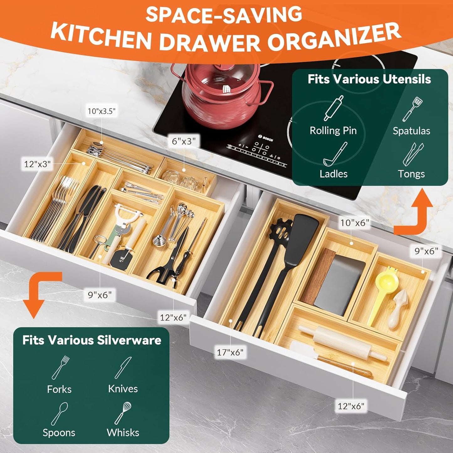 Lixple Bamboo Drawer Organizer, Cutlery Silverware Organizer for Kitchen Drawer, Stackable Utensil Organizer, 2 Pcs Flatware Organizer for Drawer, Wooden Storage Box Tray (Bamboo, 9 X 6 X 2 Inch)
