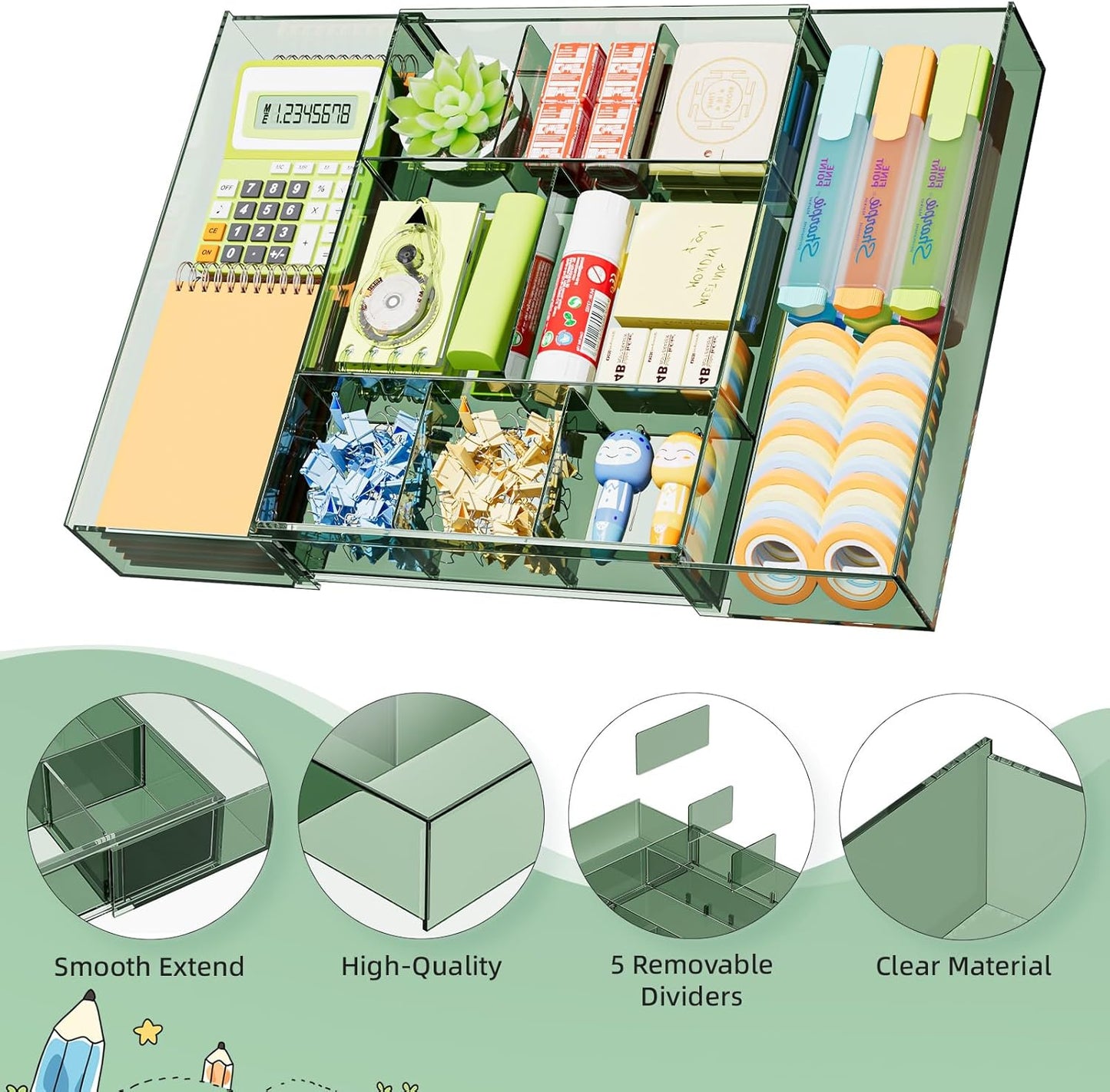 Marbrasse Expandable Desk Drawer Organizer, Clear Plastic Drawer Organizer Tray with 10 Adjustable Compartments, Desk Organizers and Accessories, 5 Drawer Dividers for Office Supplies, Makeup(Black)