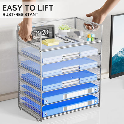Paper Organizer Letter Tray with Handle, 5-Tier Black Stackable Desk Organizer with Metal Mesh, Sturdy Paper Tray for Office Desk, Home & Classroom Supplies Storage