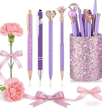 BESARTE 9 Pcs Pink Pens With Pen Holder for Desk, Fancy Pens Pink Mom Gifts Desk Accessories for Weddings Parties Mothers Day Gifts for Mom Wife