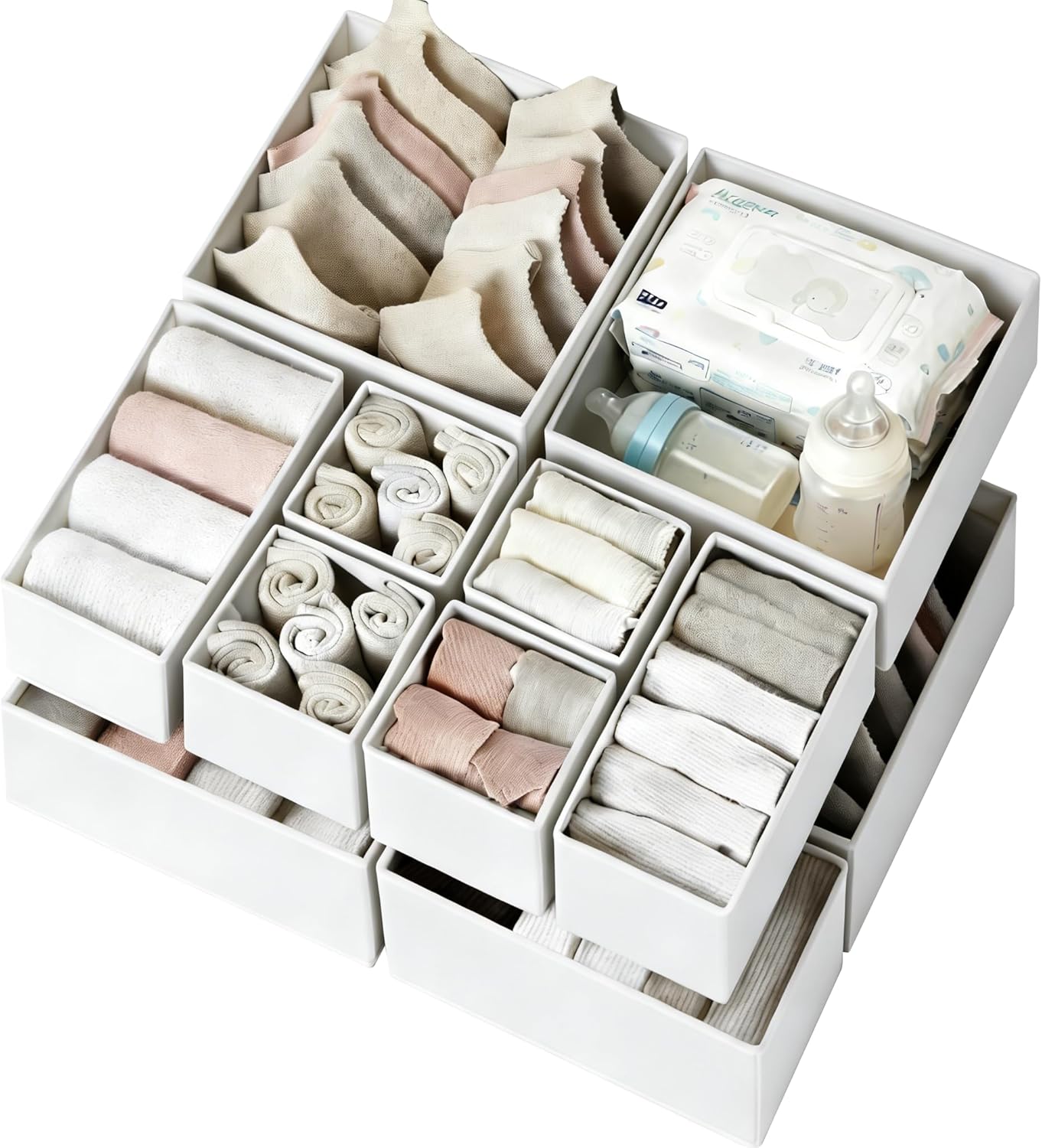Criusia Drawer Organizer Clothes 12 Pack, Dresser Organizer for Nursery Bedroom Closet Organization and Storage - Baby Clothes Organizer Bins - Drawer Divider for Sock Underwear Bra Ties (Grey)