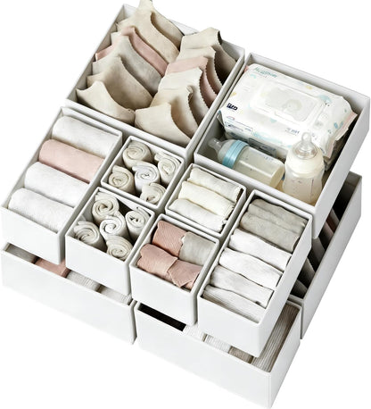 Criusia Drawer Organizer Clothes 12 Pack, Dresser Organizer for Nursery Bedroom Closet Organization and Storage - Baby Clothes Organizer Bins - Drawer Divider for Sock Underwear Bra Ties (Grey)