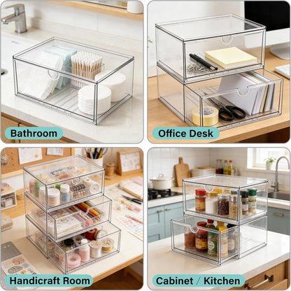 Prsildan Acrylic Makeup Organizer, 2 Pack Stackable Storage Drawers with 6 Drawers for Office Desk Vanity Craft Room Clear Drawer Organizers for Hair Accessories Art Supplies Cosmetics Modular System