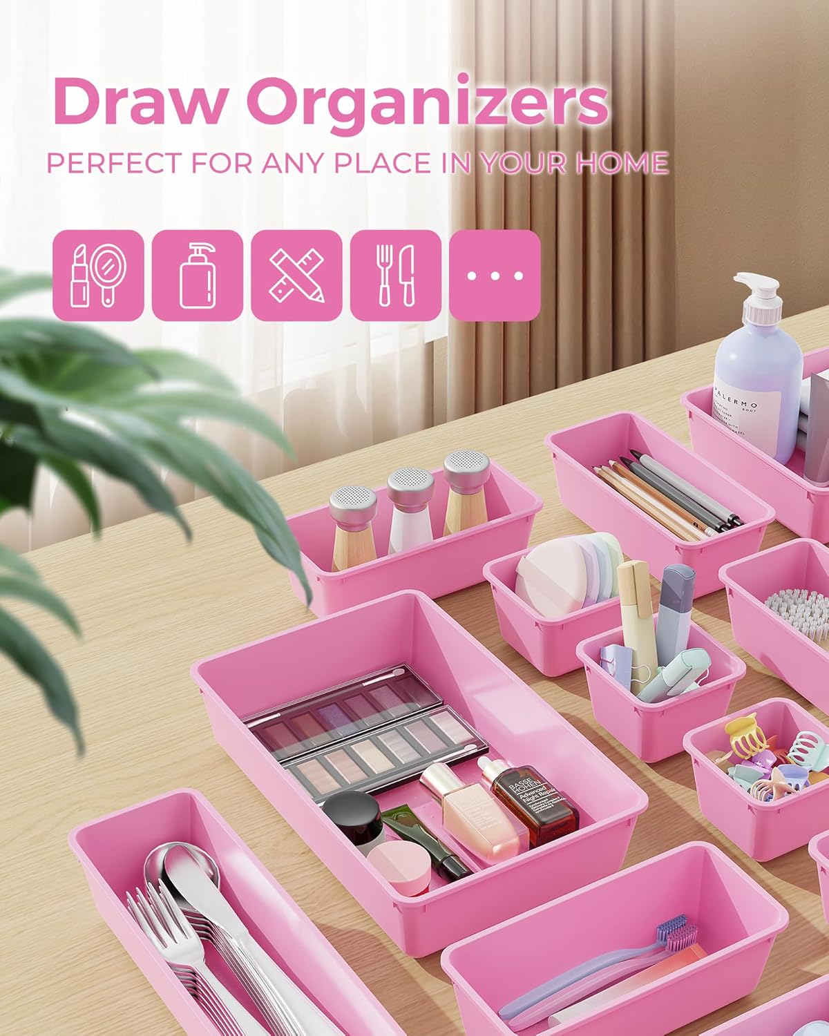 BiuLeon 25 PCS Plastic Drawer Organizers Set, 4-Sizes Vanity and Makeup Organizer, Desk and bathroom Drawer Organizer Trays, Organizers and Storage for Makeup, Jewelry, Gadgets, Utensils (Pink)
