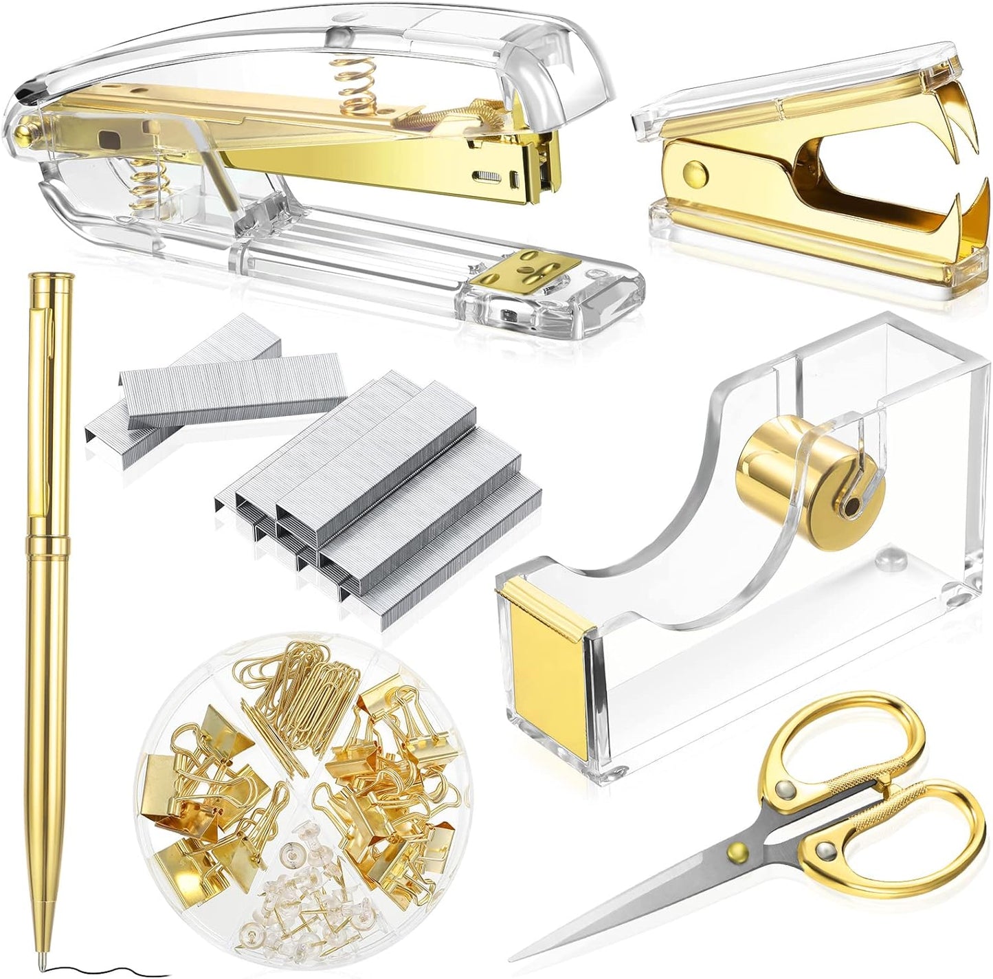 Office Supplies Set Desk Accessory Kit, Acrylic Stapler Set Staple Remover, Tape Dispenser, Binder Clips, Paper Clips, Ballpoint Pen and Scissor with 1000 Pieces 26/6 Staples (Silver)