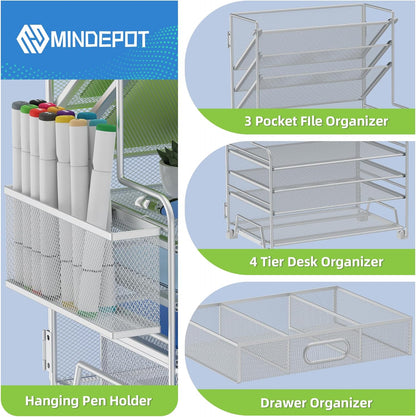 MINDEPOT 4-Tier Paper Organizer + 3-Pocket File Holder + Drawer + Pen Holders, Desktop File Organizers Paper Tray for Office Accessories School Classroom Organization (Black)