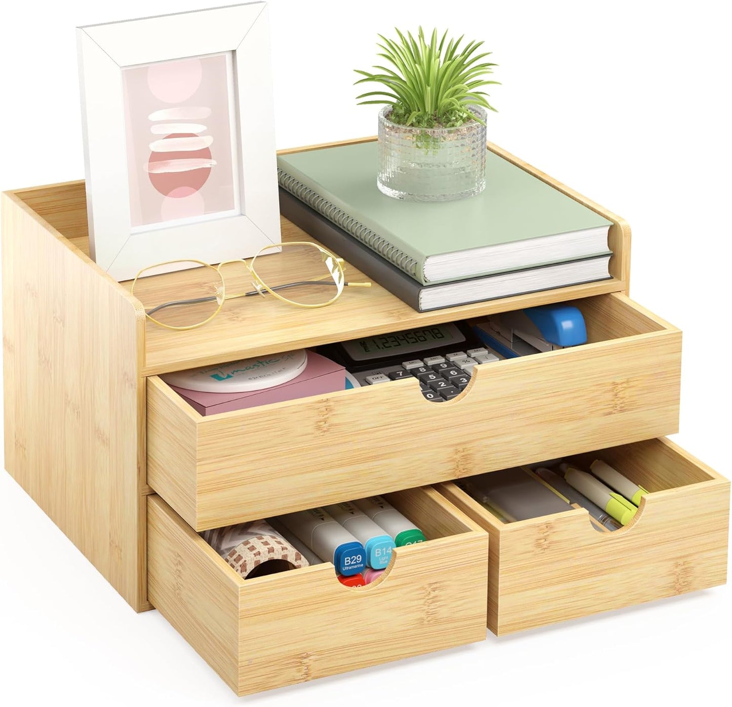 Wisuce Desk Organizer with Drawers - Bamboo Desktop Organizer Storage Natural Wood Desk Drawers Organizer for Bills, Office Supplies, Cosmetics, Seals No Assembly Required 3 Drawers（left-right)