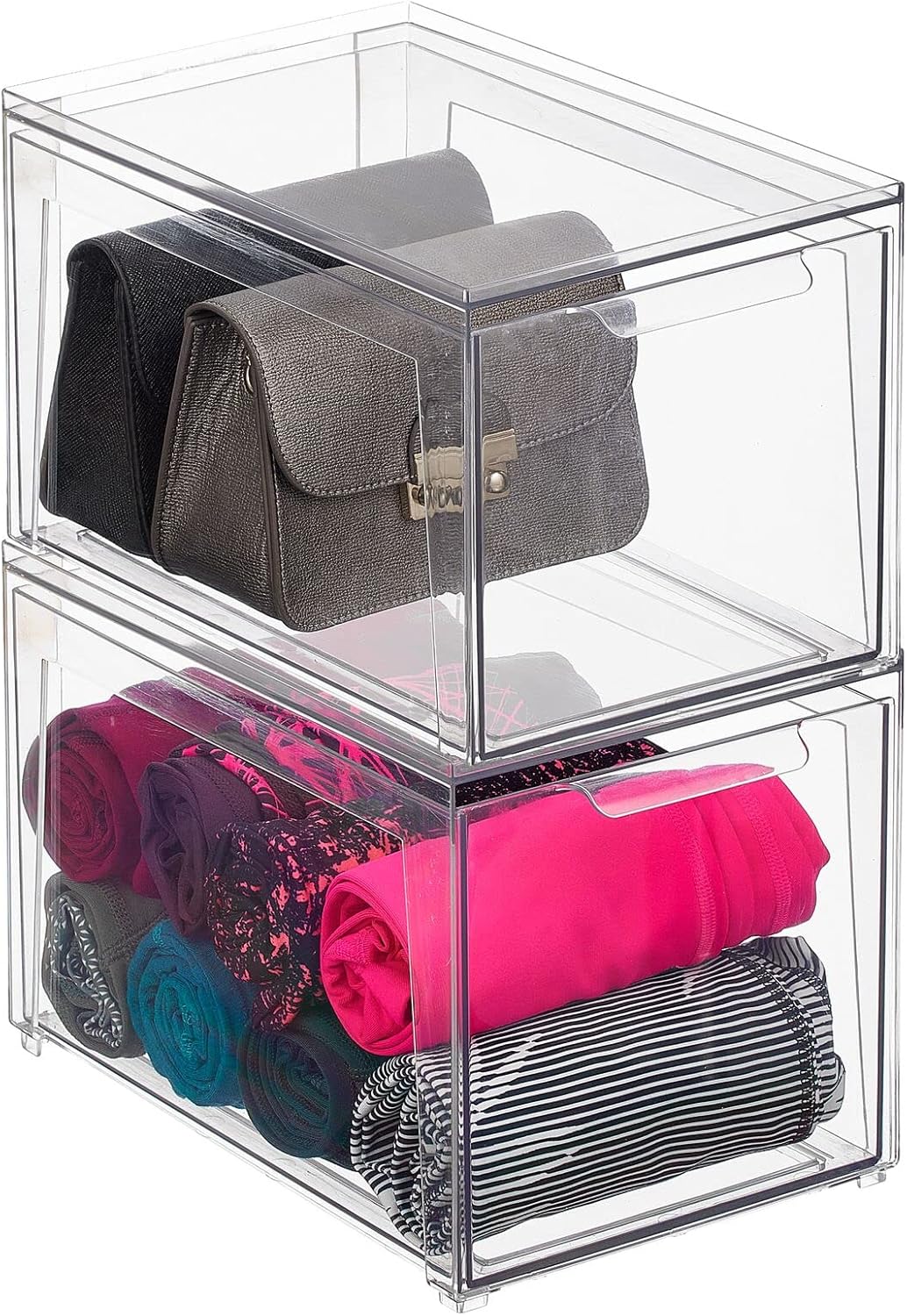 mDesign Plastic Stackable Closet Storage Organizer Bin Containers with Front Pull Drawer for Cabinet, Desk, Shelf, Cupboard, or Dresser Organization - Lumiere Collection - Clear