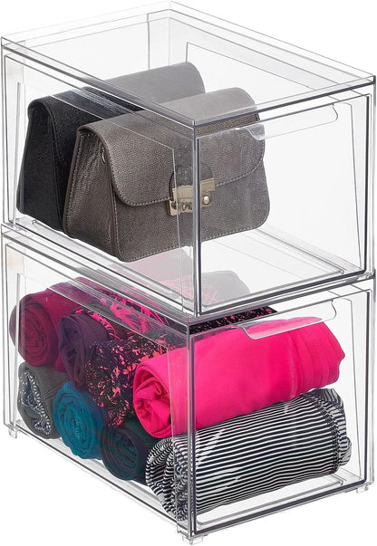mDesign Plastic Stackable Closet Storage Organizer Bin Containers with Front Pull Drawer for Cabinet, Desk, Shelf, Cupboard, or Dresser Organization - Lumiere Collection - Clear