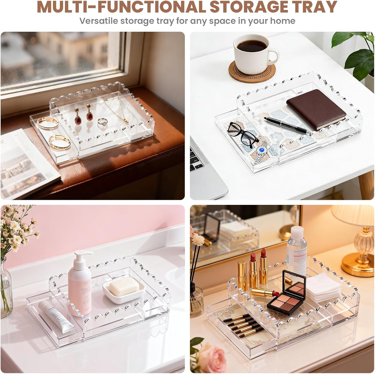 Scalloped Acrylic Tray, 9 x 9 Inch Upgraded 1" Height Insert Drawer Tray for Makeup Bathroom Vanity Organized, Square Clear Display Tray for Photo Needlepoint Decor Acrylic Storage Tray