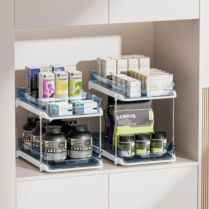 Delamu 2-Tier Multi-Purpose Bathroom Under Sink Organizers and Storage, Stackable Kitchen Pantry Organization, Pull Out Medicine Cabinet Organizer with Movable Dividers, White, 2 Pack