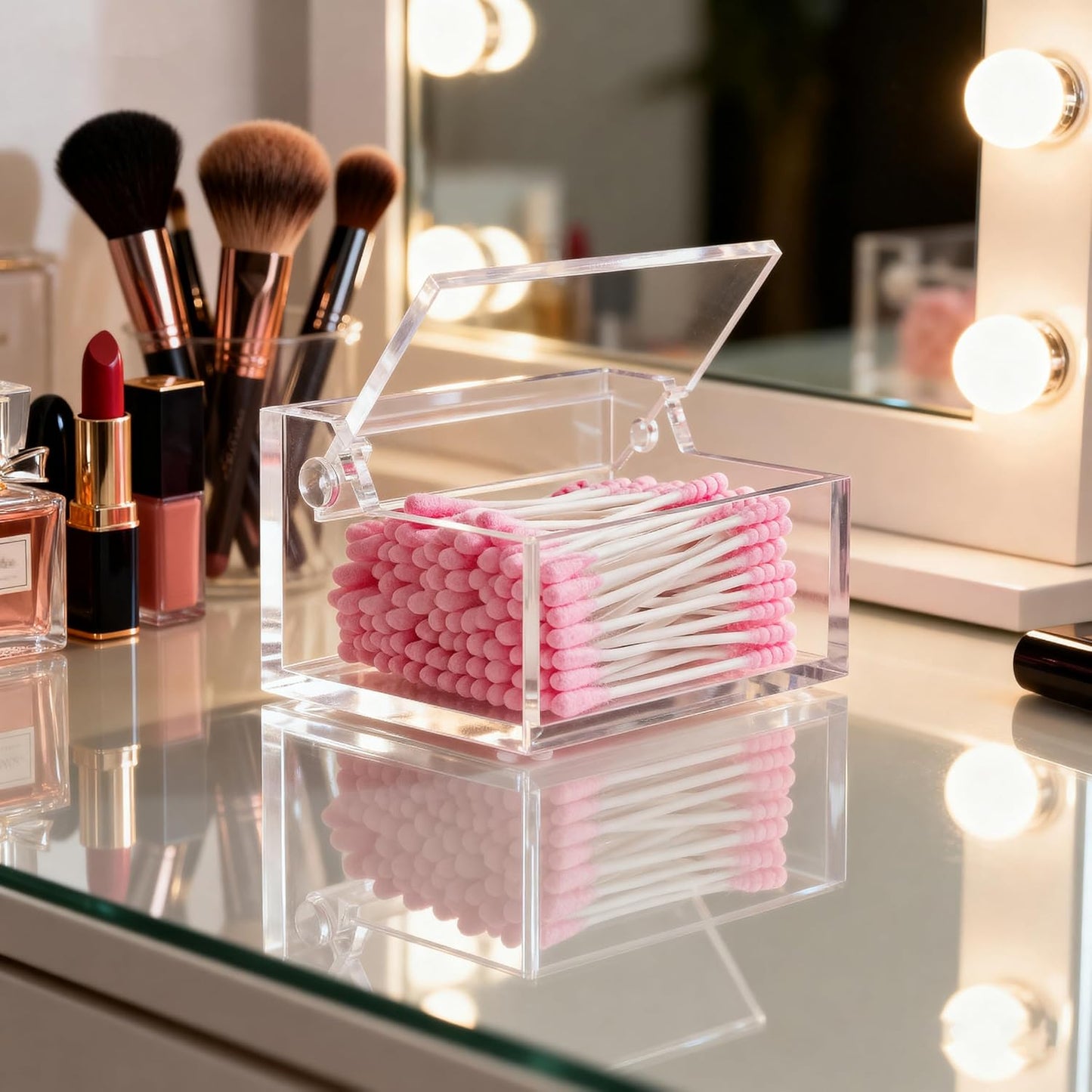Clear Acrylic Cotton Swab Ball Holder Qtip Organizer with Lid 2-Grid Canister for Make Up Pads, Floss Picks, Vanity Storage,Bath Salts, Cosmetics, Home Bathroom Decor (DP004)