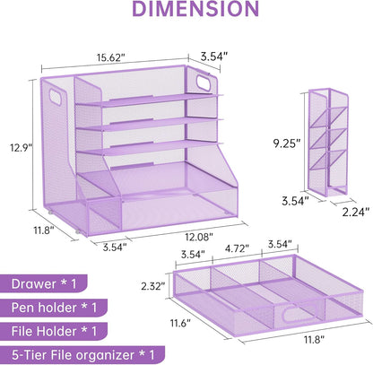 SUPEASY Desk Organizer with File Holder, 5-Tier Mesh Paper Letter Tray and 3 Tilted File Sorter for Office Supplies, Black