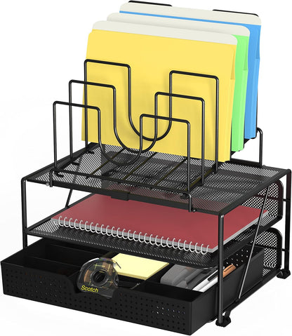 Deco Brothers Desktop File Organizer with Double Tray and 5 Folder Stand, Black