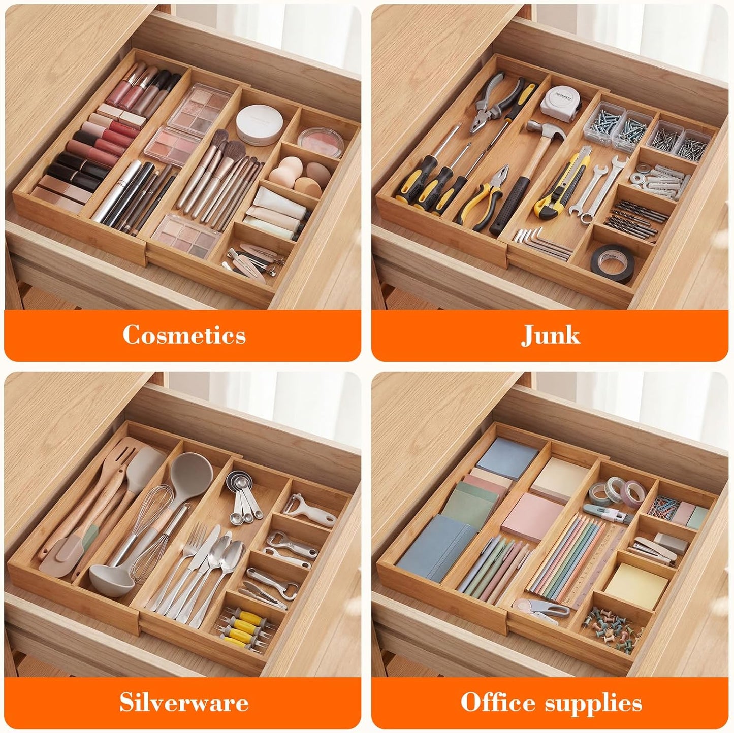 Bamboo Sliding Desk Drawer Organizer 8.2'' up to 16.4'' x 14.4'' x 2.2'' Expandable Office Desk Accessories Supplies Tray with 7 Compartments for Pens, Notebooks, Rulers, and Makeup Jewelry Vanity