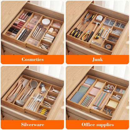 Bamboo Sliding Desk Drawer Organizer 8.2'' up to 16.4'' x 14.4'' x 2.2'' Expandable Office Desk Accessories Supplies Tray with 7 Compartments for Pens, Notebooks, Rulers, and Makeup Jewelry Vanity