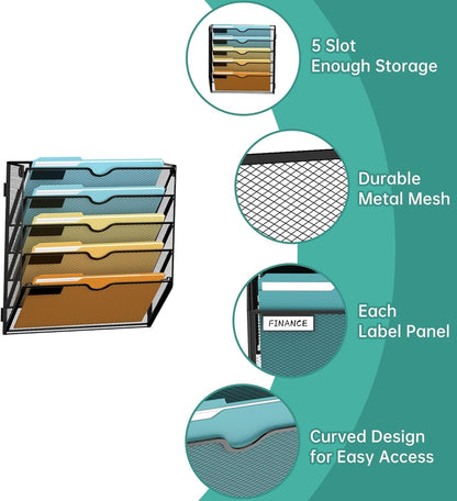 SUPEASY 5 Tier Wall File Organizer, Hanging Wall Mounted Mail Organizer with Label Slots, Metal Mesh File Holder Magazine Rack for Office, Home, School or Classroom, Black