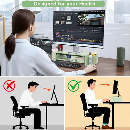 Qupui Computer Monitor Stand Riser with Drawer and Pen Holders, Desk Organizer Shelf and Accessories, Office Desk Accessories, Office Organization, Black