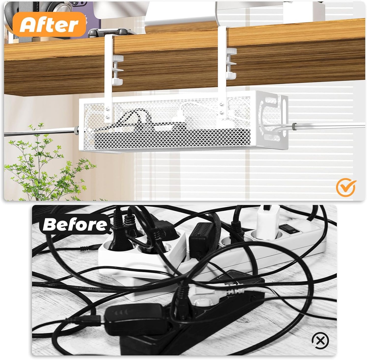Under Desk Cable Management Tray, 15.7'' No Drill Steel Desk Cable Organizers, Wire Management Tray Cable Management Rack (1 Pack-Black)