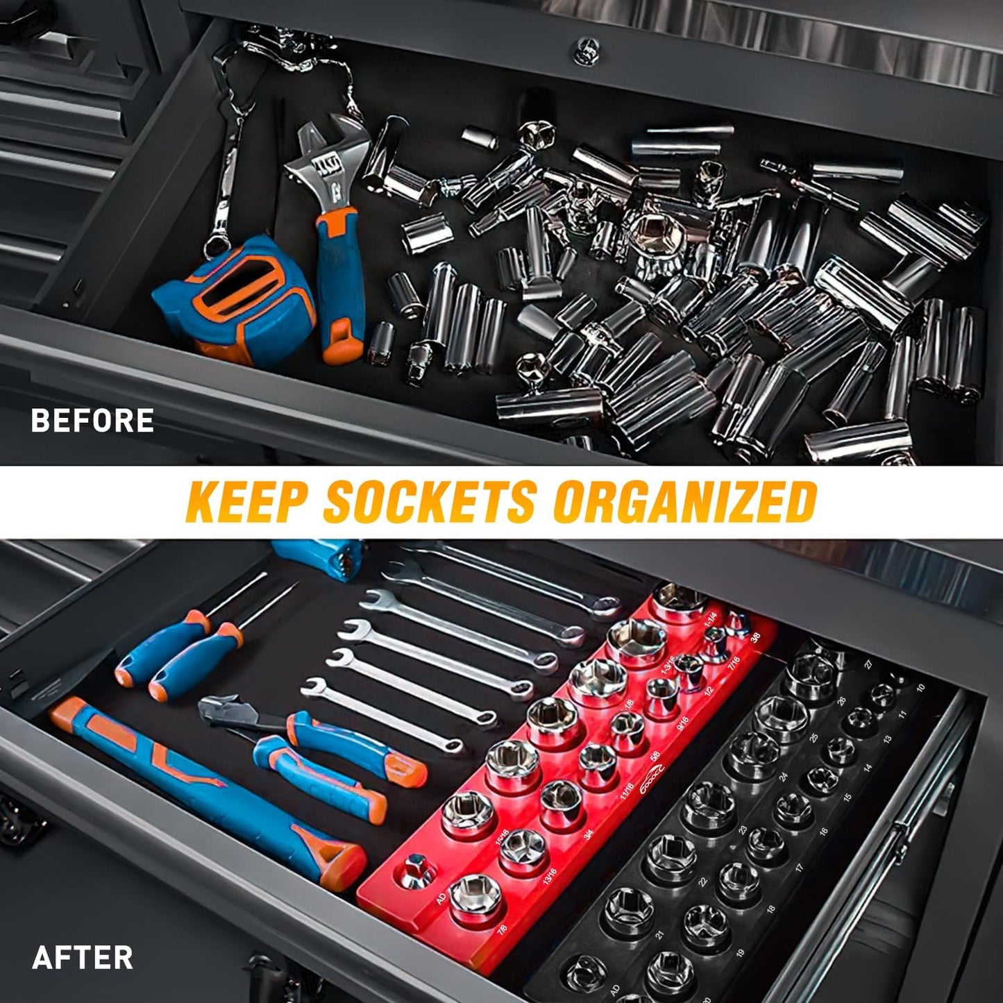 GOOACC 1/4" Magnetic Socket Organizer, 2 Pieces Socket Holder Metric SAE Socket Tray, 1/4 inch Socket Organizer Tray Holds 52 Standard Sockets for Tool Box Drawer