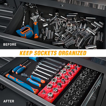 GOOACC 1/4" Magnetic Socket Organizer, 2 Pieces Socket Holder Metric SAE Socket Tray, 1/4 inch Socket Organizer Tray Holds 52 Standard Sockets for Tool Box Drawer