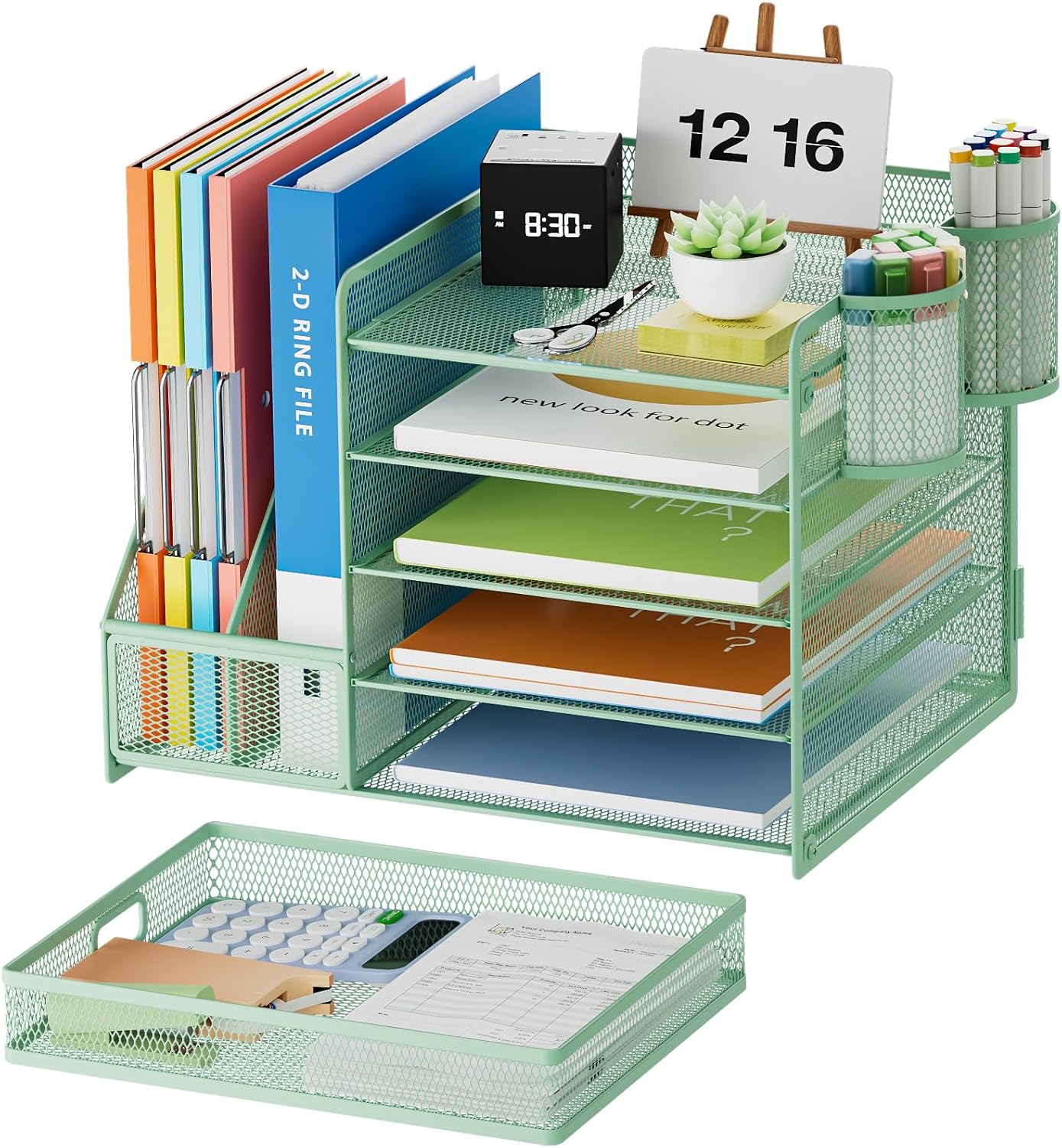 Marbrasse Desk Organizer with File Holder, 5-Tier Paper Letter Tray Organizer with Drawer and 2 Pen Holder, Mesh Desktop Organizer and Storage with Magazine Holder for Office Supplies(Black)