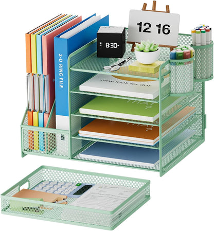 Marbrasse Desk Organizer with File Holder, 5-Tier Paper Letter Tray Organizer with Drawer and 2 Pen Holder, Mesh Desktop Organizer and Storage with Magazine Holder for Office Supplies(Black)