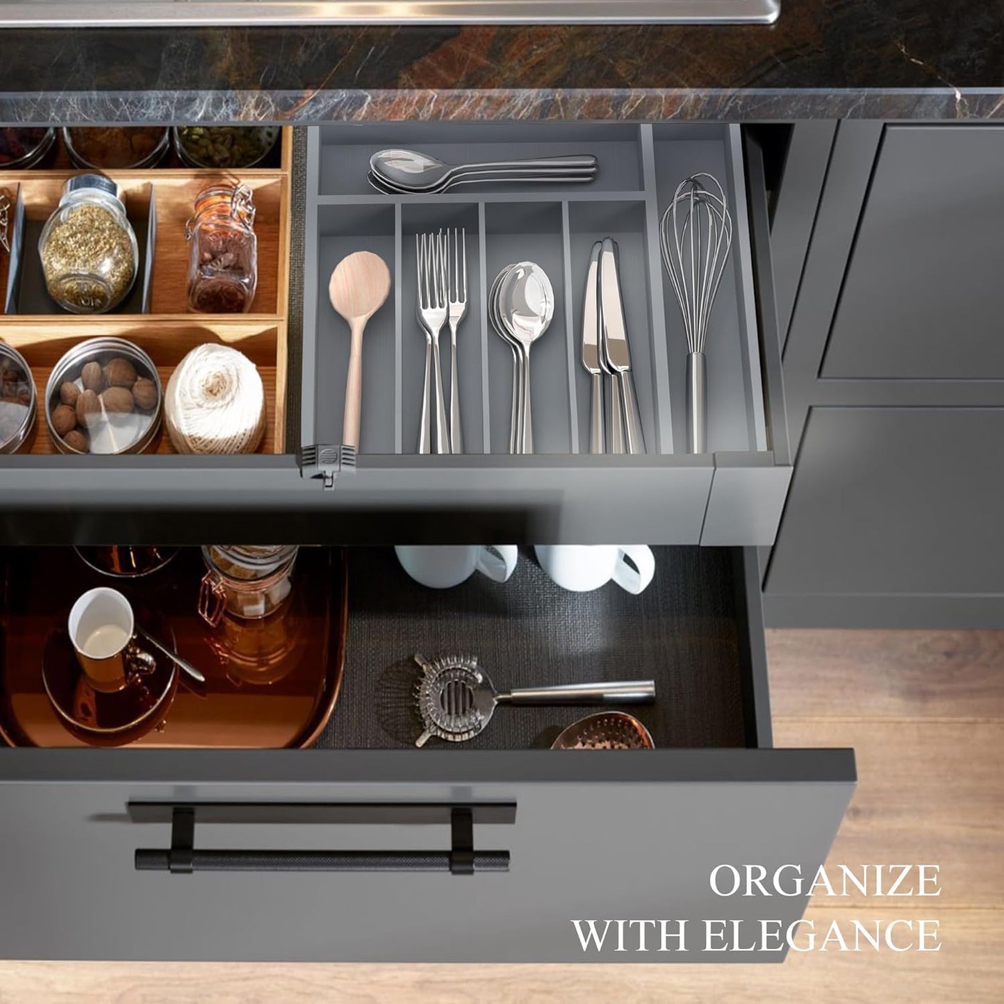 Small Silverware Organizer, Bamboo Kitchen Drawer Organizer, Utensil Holder, Cutlery Tray & Spoon Flatware Storage with Grooved Drawer Dividers (6.7''W x 12''D)