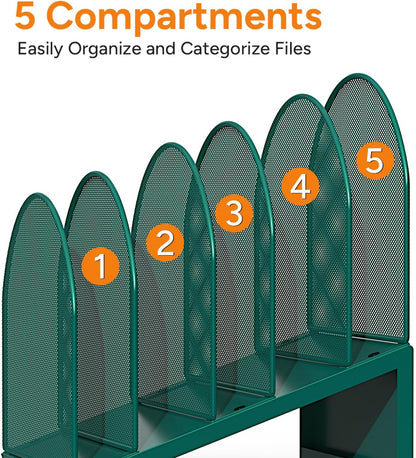 5-Section Desk File Organizer, Metal Mesh Folder Organizer for Documents, Mail & Office Papers (Black)