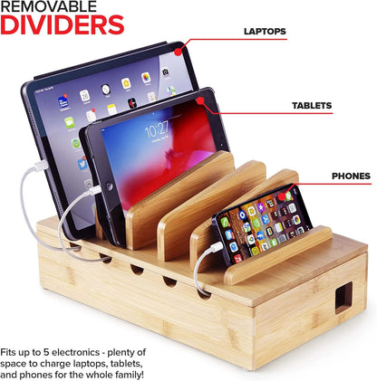 Modern Innovations Bamboo Charging Station for Multiple Devices (White) Wood Device Organizer, Desk Docking Stand for Cell-Phone Charger, Compatible with Apple, Android, iPad, iPhone, Tablet, Laptop