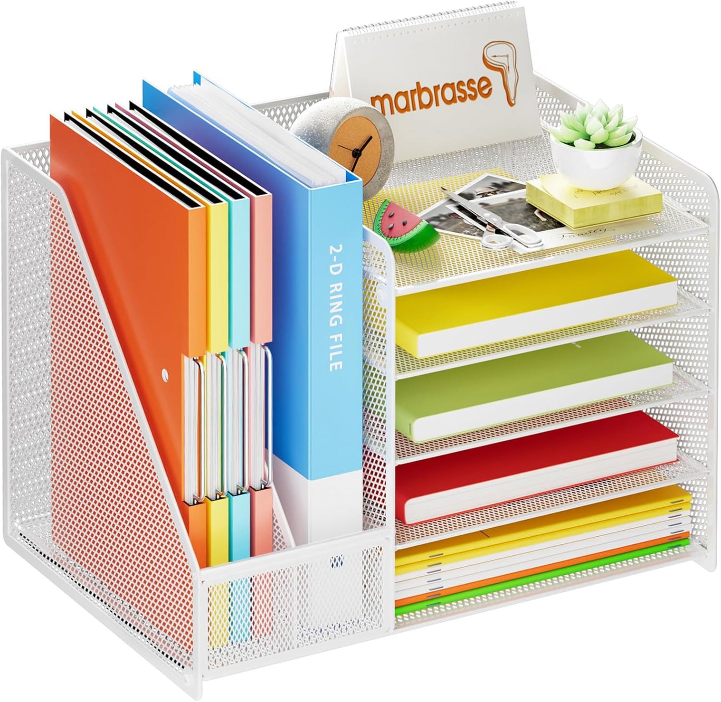 Marbrasse Desk Organizer with File Holder, 5-Tier Paper Letter Tray Organizer with Drawer and 2 Pen Holder, Mesh Desktop Organizer and Storage with Magazine Holder for Office Supplies(Black)