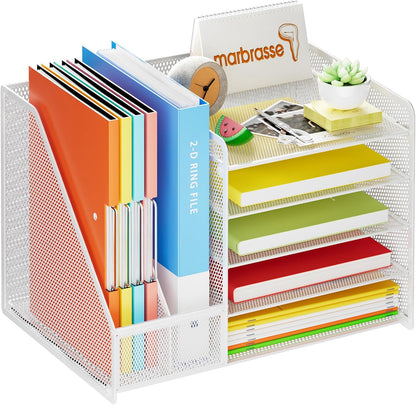 Marbrasse Desk Organizer with File Holder, 5-Tier Paper Letter Tray Organizer with Drawer and 2 Pen Holder, Mesh Desktop Organizer and Storage with Magazine Holder for Office Supplies(Black)