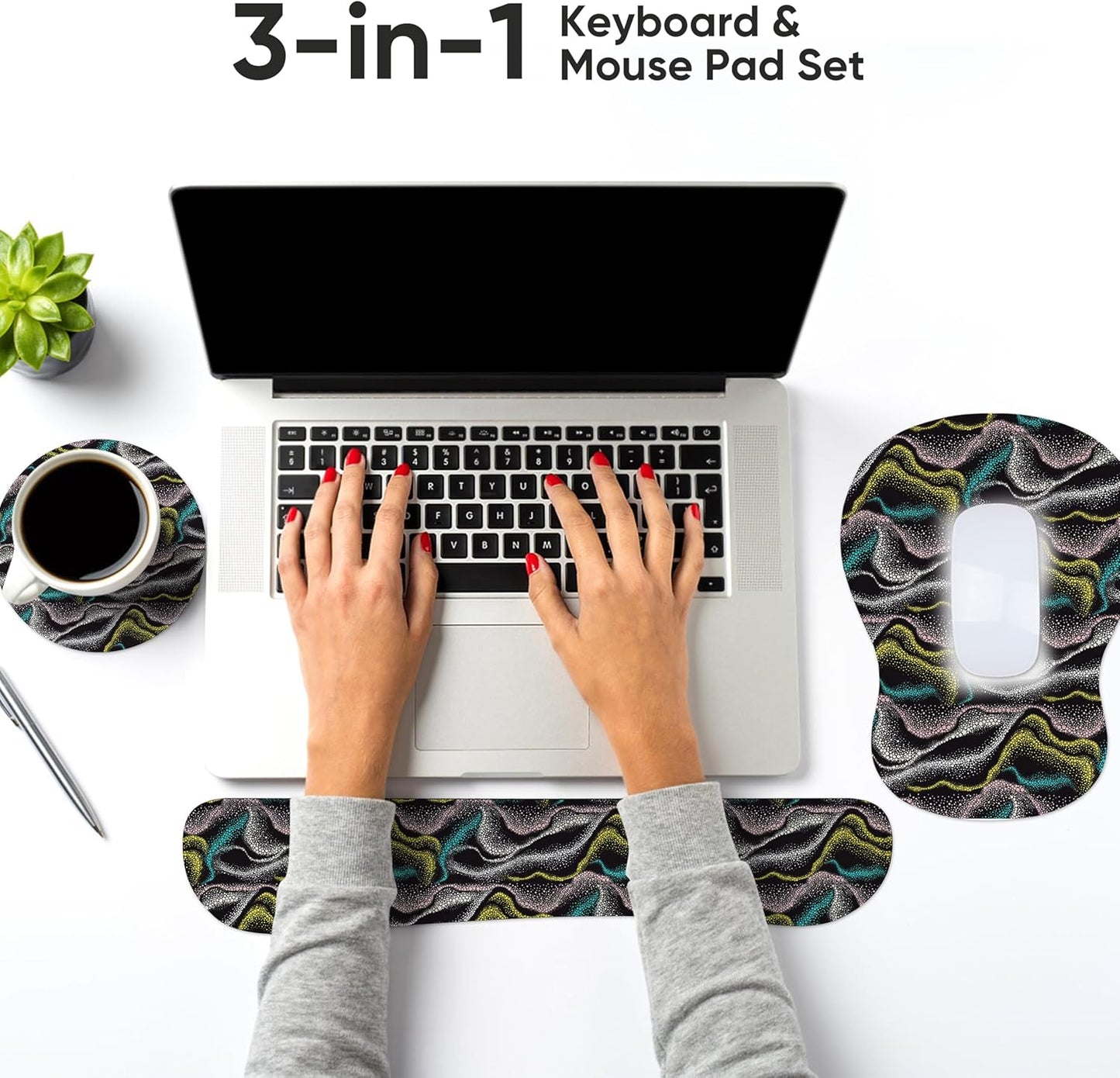 Wrist Rest Support for Mouse Pad Keyboard Set Circle Coaster Gaming Mouse Pad Ergonomic Gel Memory Foam Set for Computer, Laptop, Office, Pain Relief, Comfortably Typing Flowers KM-39