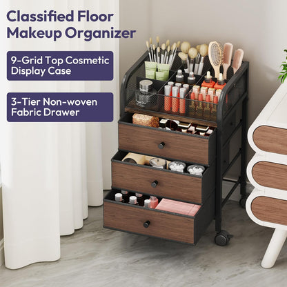 SWTYMIKI Rolling Makeup Organizer Cart - Under Desk Vanity Makeup Storage with 3 Non-woven Drawers, Nail Cart Organizer Cosmetic Display Cases Cabinet for Skin Care Perfume Nail Polish Brush Hair Tool