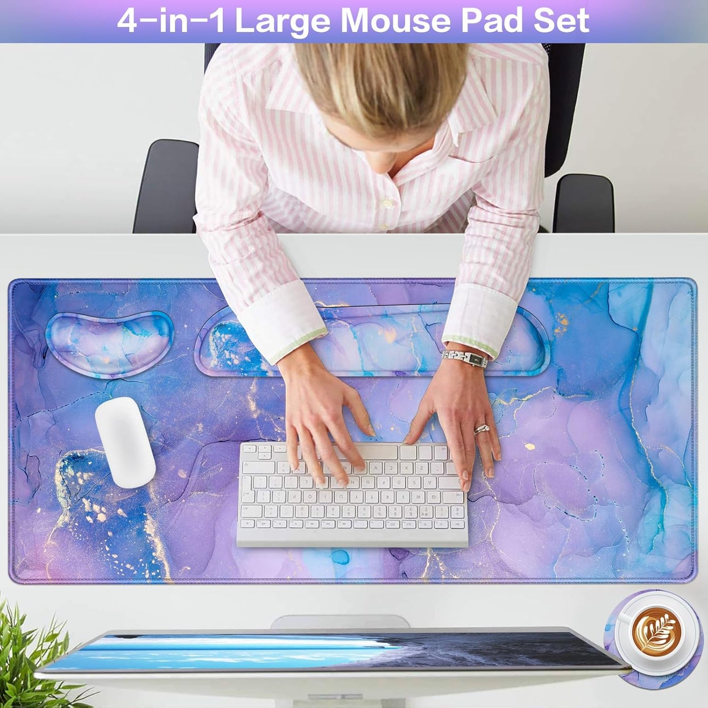 Desk Mat, Large Gaming Mouse Pad with Wrist Rest, 4in1 XXL Mousepad+Keyboard Wrist Rest+Mouse Pad Wrist Support+Cup Coaster Set Ergonomic Floral Computer Desk Arm Wrist for Decor Home Office Women