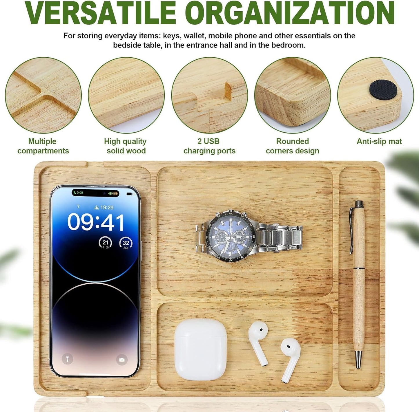 MultiBey Walnut Wood Valet Tray - Wooden Nightstand Organizer for Men Women, 4 Slot Desk Drawer Organizer Tray, EDC Catch All Tray with Cable Slot for Phone Watch Wallet Key Jewelry