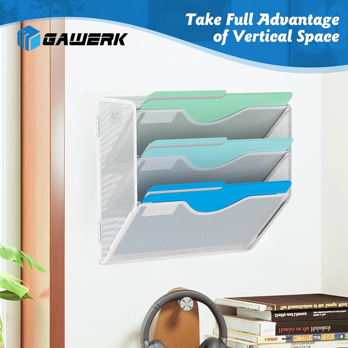 Gawerk 5 Tier Hanging Wall File Organizer, Mesh Mail Paper Orgnization Hanging File Folder Holder for Home Office, Black