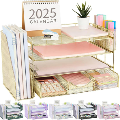 gianotter Desk Organizers and Accessories with File Holder, 4-Tier Desk Accessories & Workspace Organizers with Drawer and 2 Pen Holder, Paper Organizer for Office Supplies (Rose Gold)