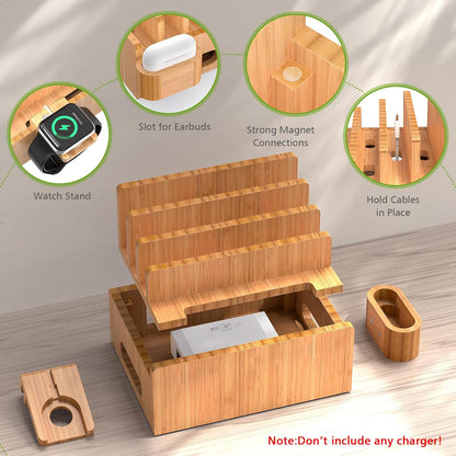 Pezin & Hulin Bamboo Charging Station for Multiple Devices with 5 Port USB Charger, 5 Cables, Watch&Earbuds Stand, Electronic Device Desktop Organizer for Cellphone, Tablet, Watch, Earbuds