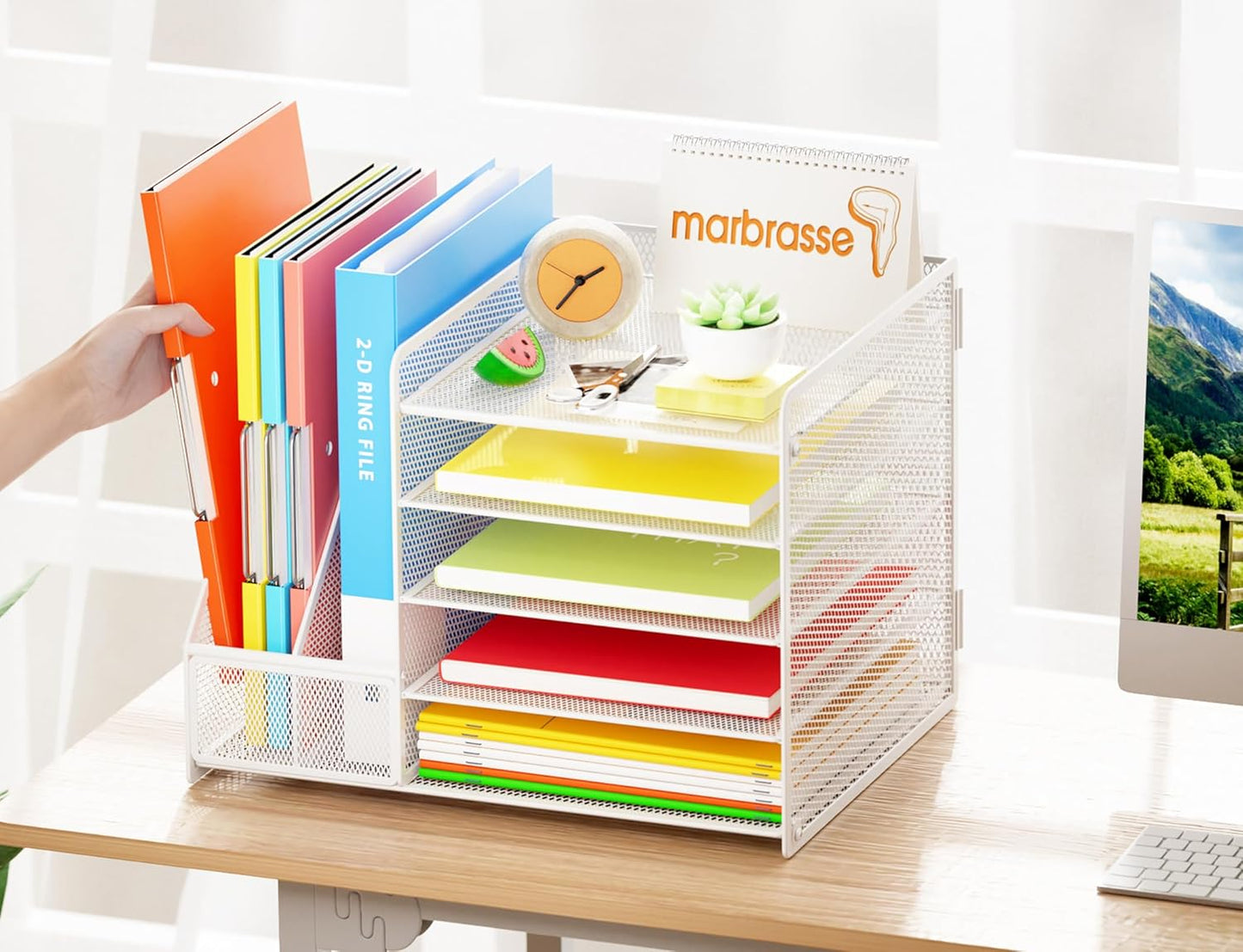 Marbrasse Desk Organizer with File Holder, 5-Tier Paper Letter Tray Organizer with Drawer and 2 Pen Holder, Mesh Desktop Organizer and Storage with Magazine Holder for Office Supplies(Black)